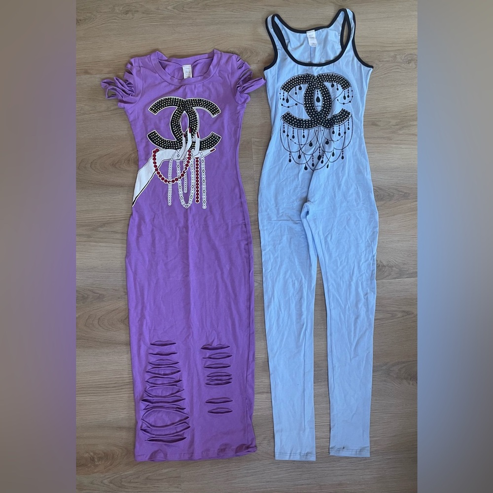 Purple Graphic Dress & Blue Graphic Jumpsuit
